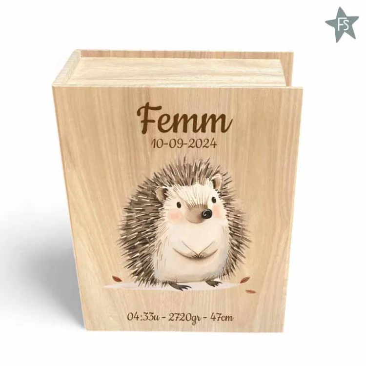 Outlet Bewaarbundel voor alle eerste spulletjes | Houten bewaarboek met egeltje Herinneringsdoos Met Naam | Kraamcadeau Meisje