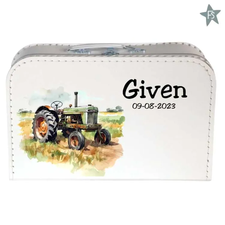 Clearance Geprint koffertje met naam en groene tractor Koffertje Met Naam | Kraamcadeau Jongen