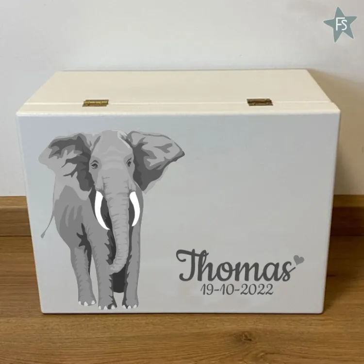 Clearance Herinneringen kist met naam en stoere olifant Herinneringsdoos Met Naam | Kraamcadeau Meisje