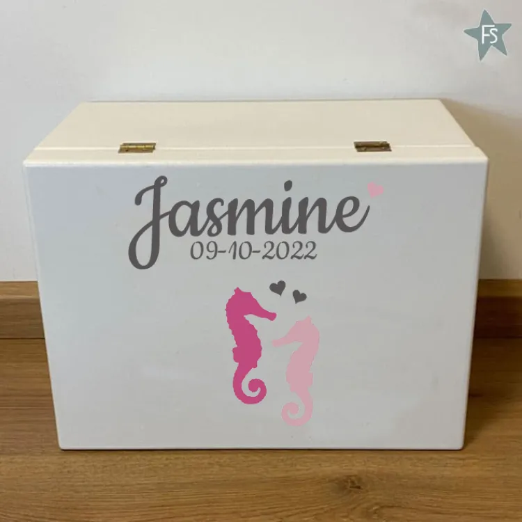 Outlet Herinneringen kist met naam en zeepaardjes Herinneringsdoos Met Naam | Kraamcadeau Meisje