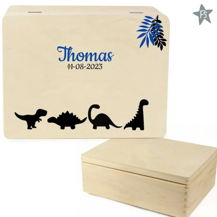 New Herinneringen kist met naam en dino's Herinneringsdoos Met Naam | Kraamcadeau Jongen