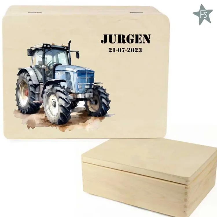 Fashion Herinneringen kist met naam en tractor blauw Herinneringsdoos Met Naam | Kraamcadeau Jongen