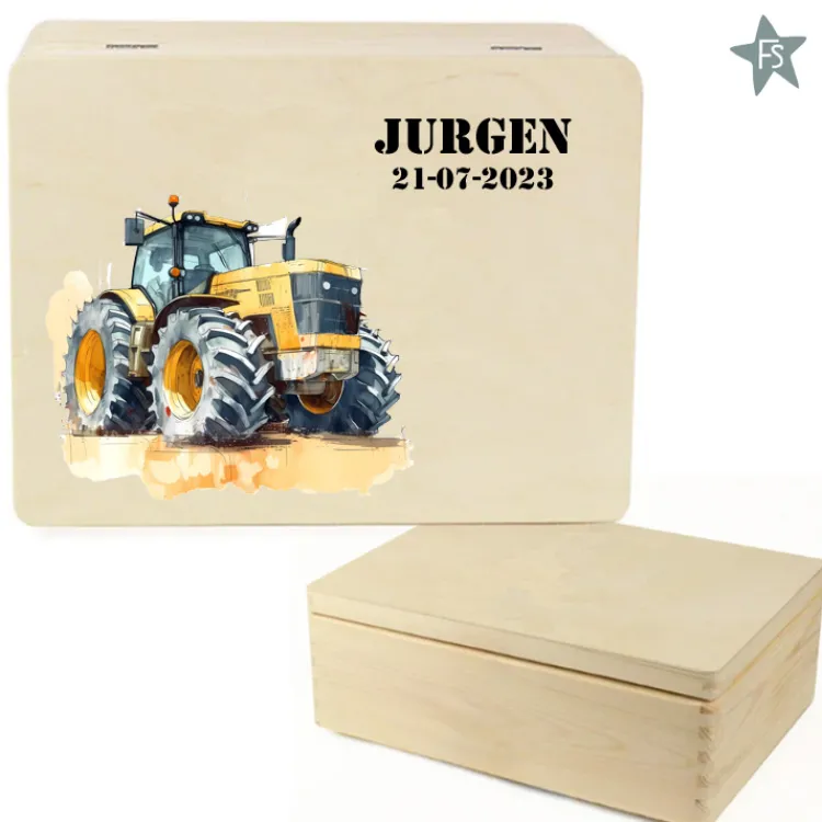 Fashion Herinneringen kist met naam en tractor geel Herinneringsdoos Met Naam | Kraamcadeau Jongen