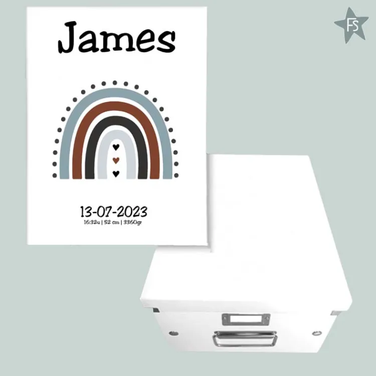 New Herinneringen kist met naam en regenboog jongen Herinneringsdoos Met Naam | Kraamcadeau Jongen