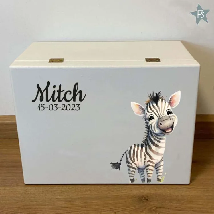 Outlet Herinneringen kist met naam en baby zebra Herinneringsdoos Met Naam | Kraamcadeau Meisje
