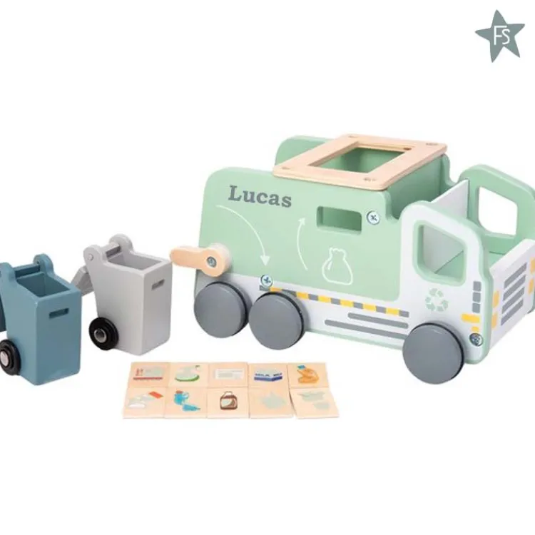 Discount Houten - Vuilniswagen - Recycling Truck - vormenauto ( met naam ) Houten Speelgoed Met Naam | Cadeaus 10 Tot 25 Euro