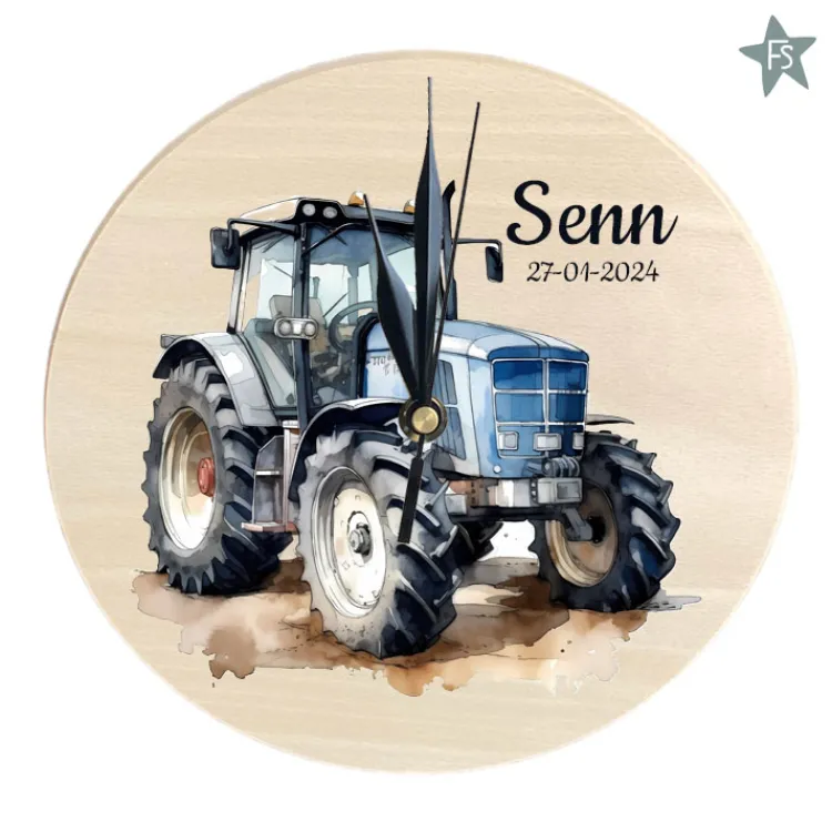 New Houten geboorteklokje met naam - blauwe tractor Geboorteklok | Kraamcadeau Jongen