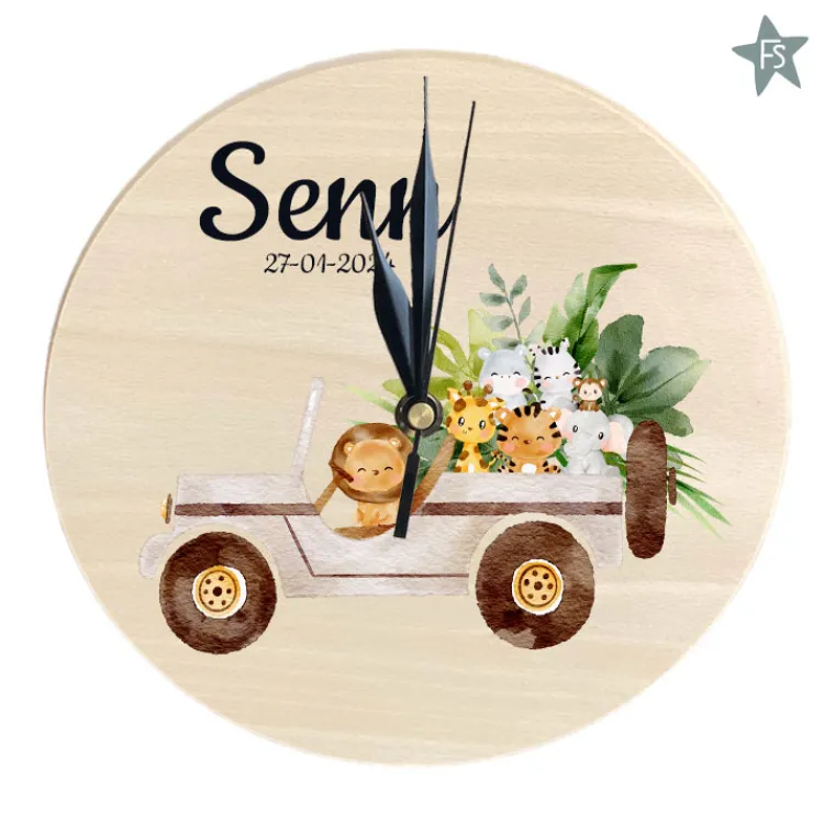 Discount Houten geboorteklokje met naam - Junglejeep Geboorteklok | Cadeaus 10 Tot 25 Euro