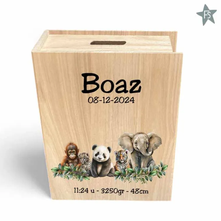 Fashion Houten spaarpot boek met jungledieren en naam / geboortegegevens Spaarpot Met Naam | Kraamcadeau Meisje