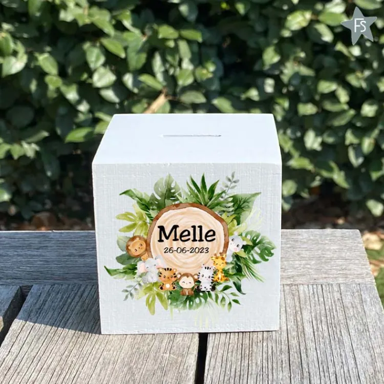 Best Houten spaarpot booomstam jungle met naam Spaarpot Met Naam | Kraamcadeau Meisje
