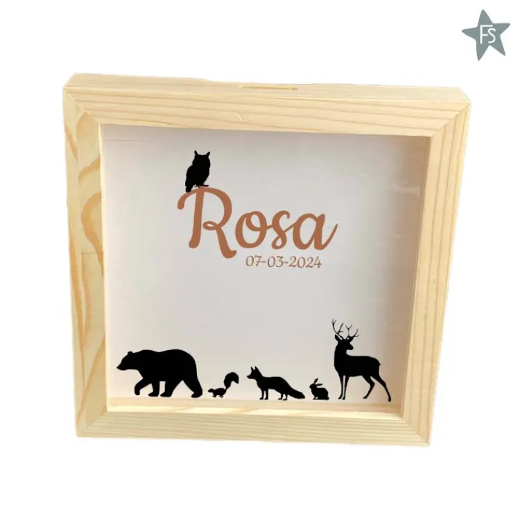 Best Houten Spaarpot met naam en bosdieren | Spaarpot Lijstje Spaarpot Met Naam | Kraamcadeau Meisje