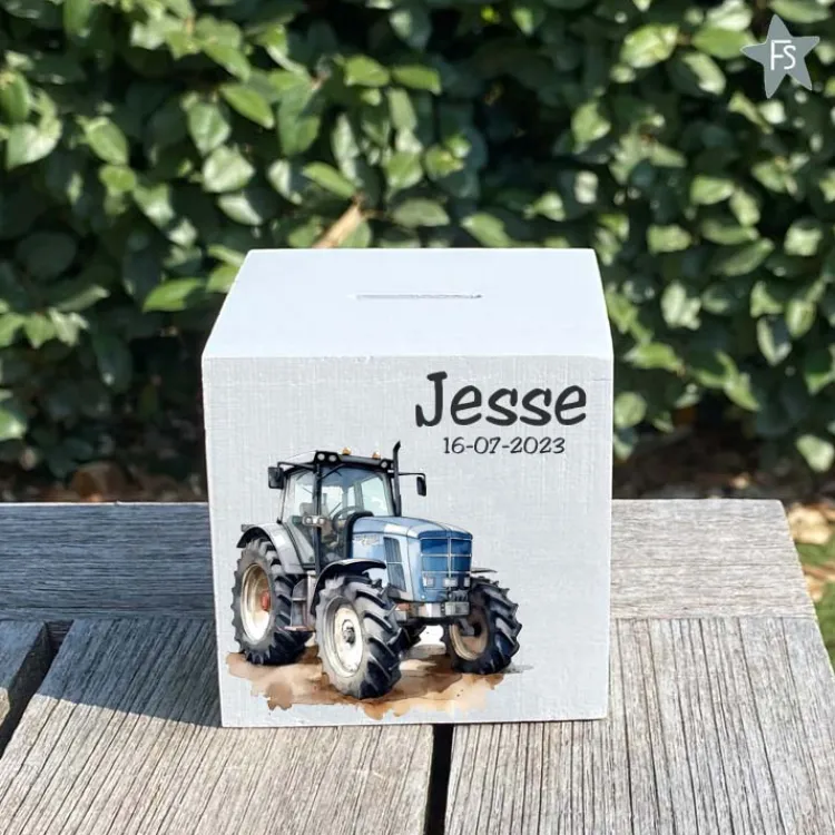 Clearance Houten spaarpot met naam tractor blauw Spaarpot Met Naam | Kraamcadeau Jongen