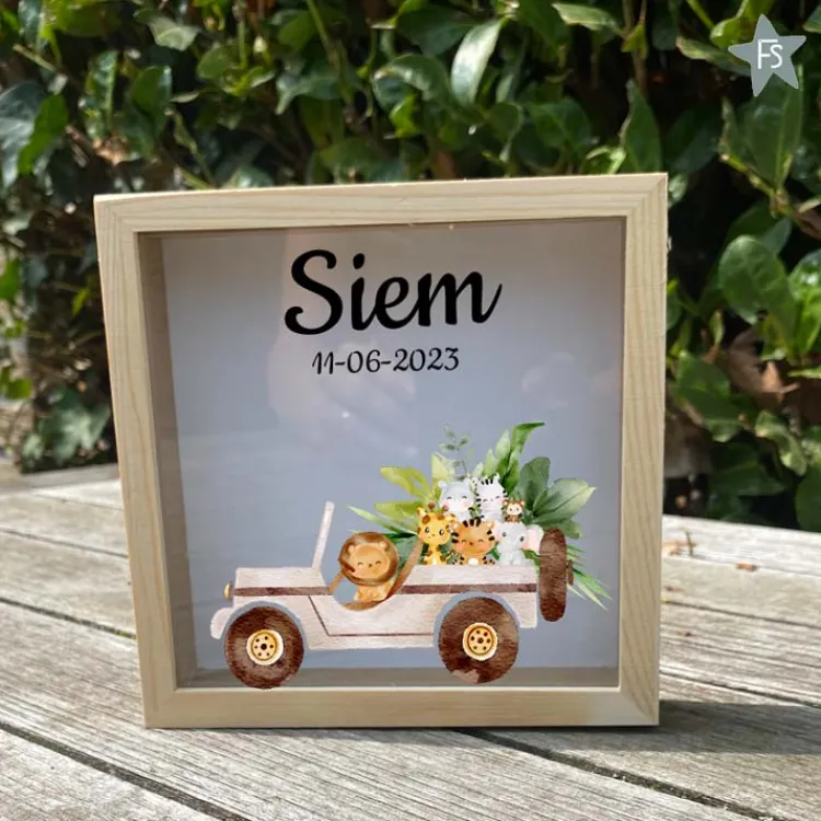 Clearance Houten Spaarpot met naam en Jungle jeep Spaarpot Met Naam | Kraamcadeau Meisje