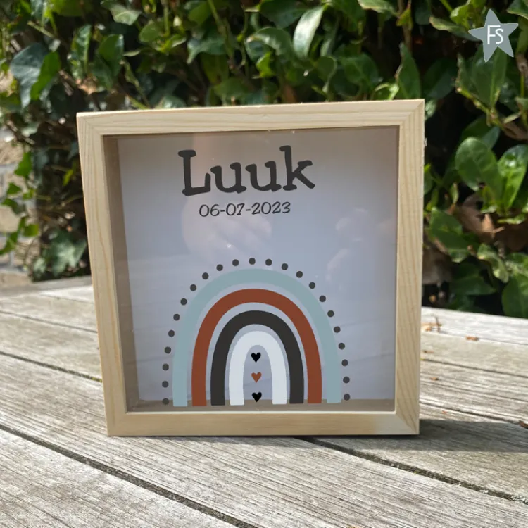 Sale Houten Spaarpot met naam en regenboog jongen Spaarpot Met Naam | Kraamcadeau Jongen