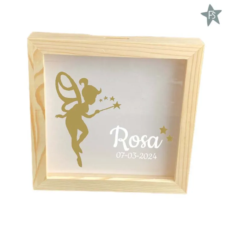 Clearance Houten Spaarpot met Naam en Fee | Spaarpot Lijstje Spaarpot Met Naam | Kraamcadeau Meisje
