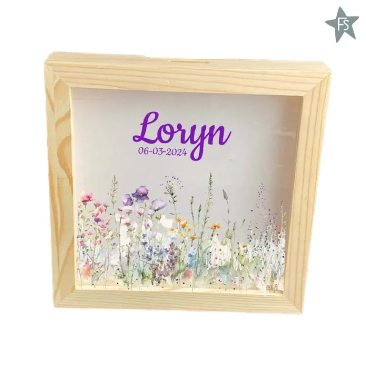 Outlet Houten Spaarpot met Naam en wild flowers | Spaarpot Lijstje Spaarpot Met Naam | Kraamcadeau Meisje