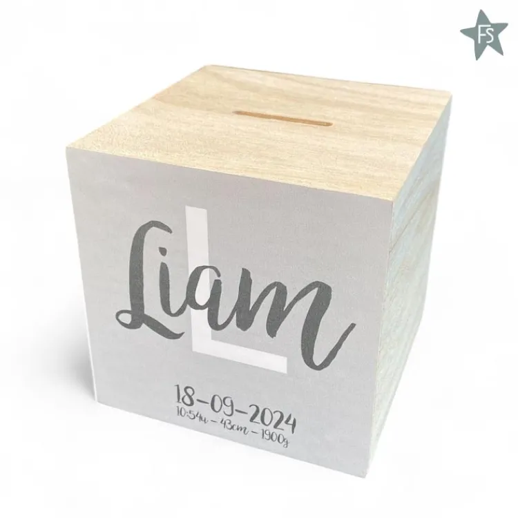 Sale Houten spaarpot met naam en geboortegegevens Spaarpot Met Naam | Kraamcadeau Meisje