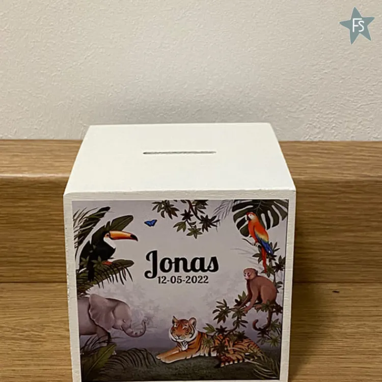Hot Houten spaarpot " jungle " met naam Spaarpot Met Naam | Kraamcadeau Meisje