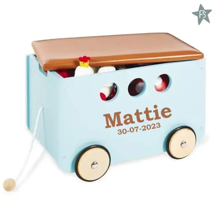Discount Houten speelgoedkist met naam op wielen - Pinolino Jim Mint Speelgoedkist Met Naam | Kraamcadeau Meisje