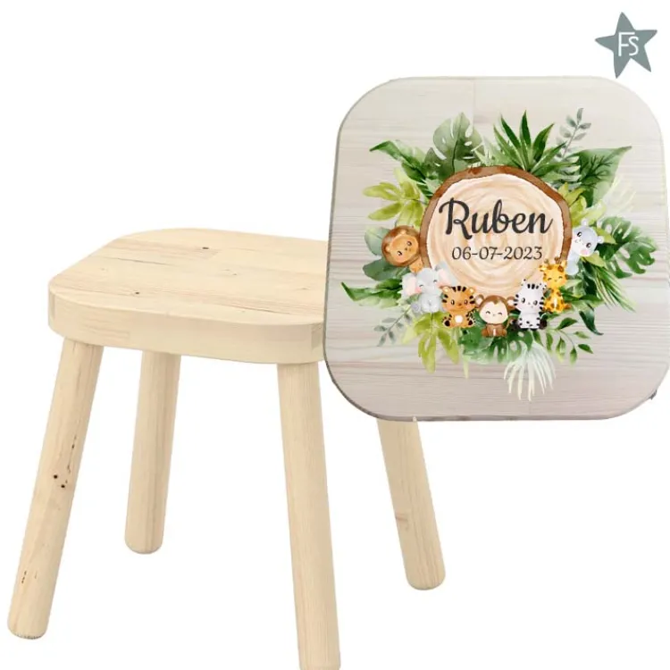 Fashion Krukje met naam en boomstam jungle Kinderkrukje | Kraamcadeau Meisje