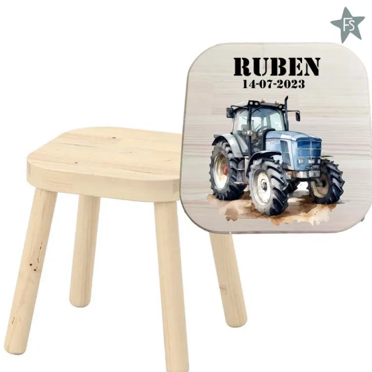 Fashion Krukje met naam en tractor blauw Kinderkrukje | Kraamcadeau Jongen