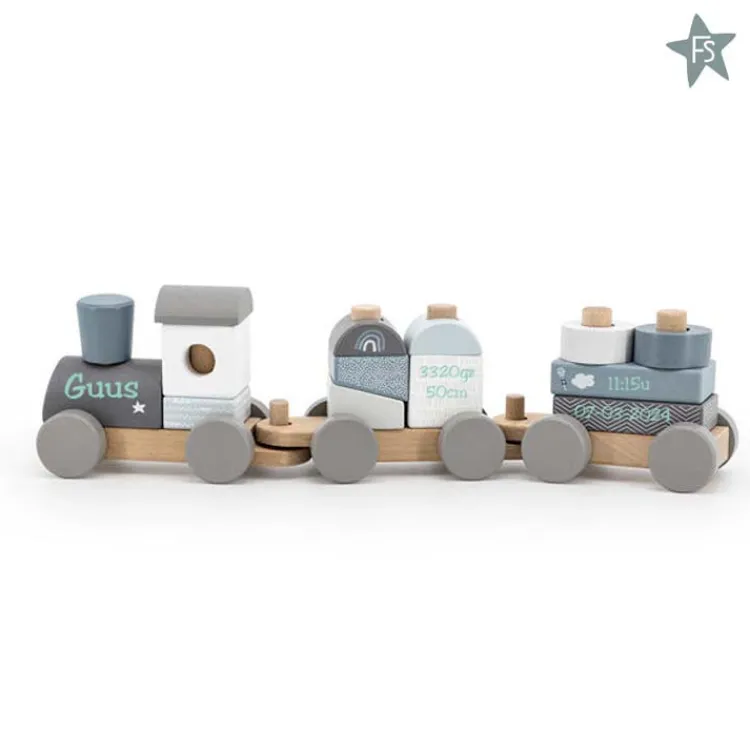 Best blauw Houten Speelgoed Trein met naam en geboortegegevens Label Label | Houten Treinen Met Naam