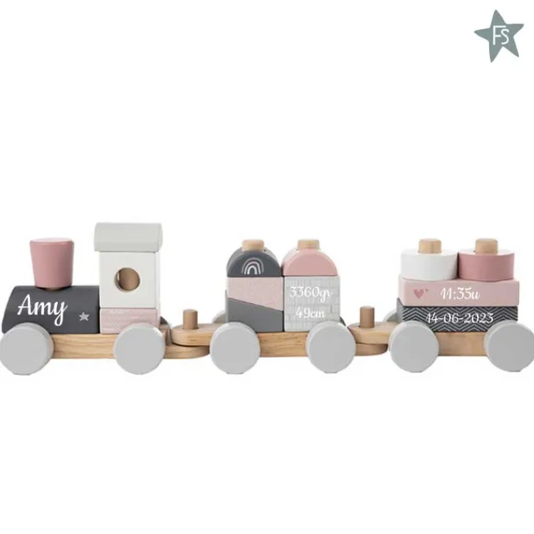 Hot Houten Speelgoed Trein Roze met naam en geboortegegevens Label Label | Houten Treinen Met Naam