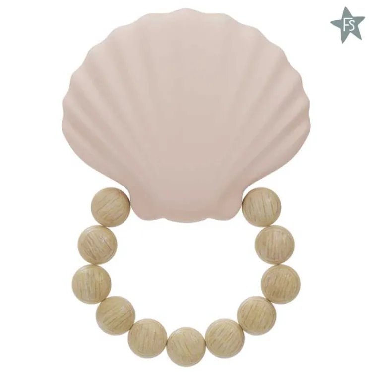 Online Schelp Roze Silicone/Hout Bijtring met Kralen Label Label | Kraamcadeau Meisje