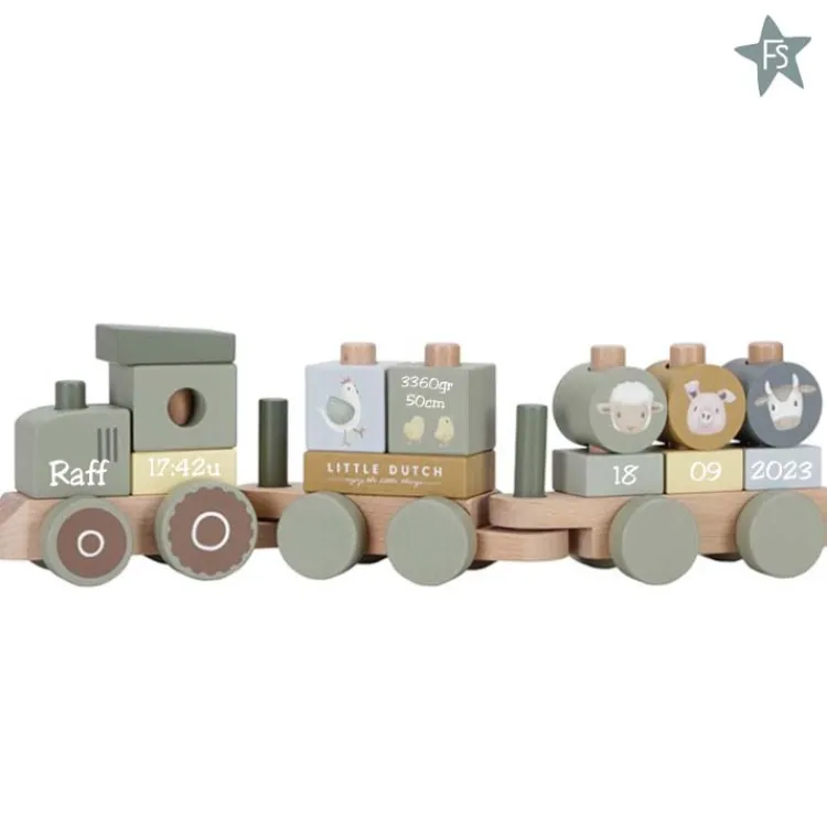 Best Blokkentrein tractor Little Farm ( met naam en geboortegegevens ) Little Dutch Houten Speelgoed Met Naam | Little Dutch Little Farm