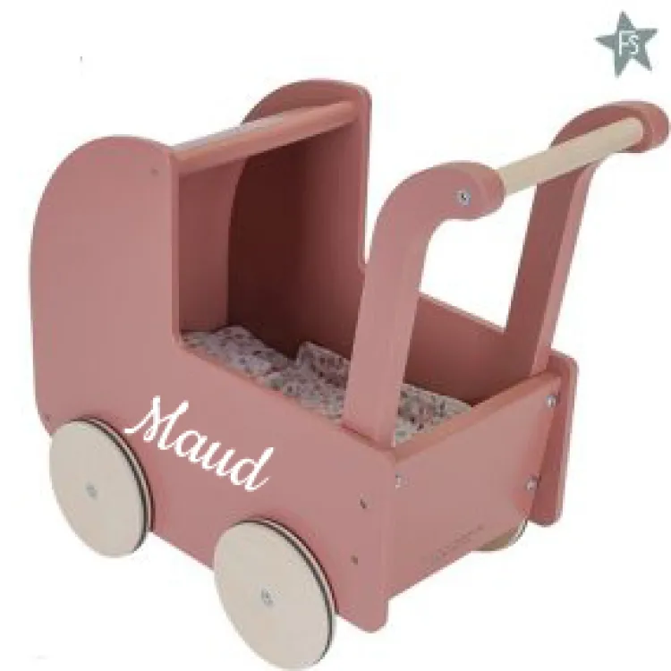 New Poppenwagen FSC incl. textiel ( met naam ) Little Dutch Houten Speelgoed Met Naam | Houten Poppenwagen Met Naam