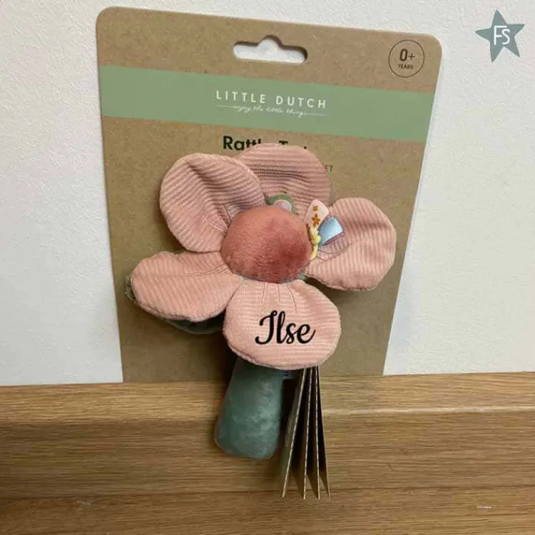 Outlet Rammelaar Roze Bloem flowers en butterflies ( met naam ) Little Dutch Flowers En Butterflies | Kraamcadeau Meisje