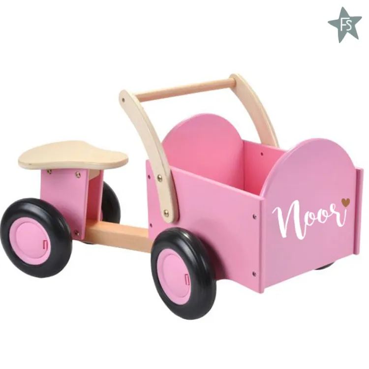 Outlet Loop Bakfiets roze ( met naam ) Loopfiets Met Naam | Houten Speelgoed Met Naam