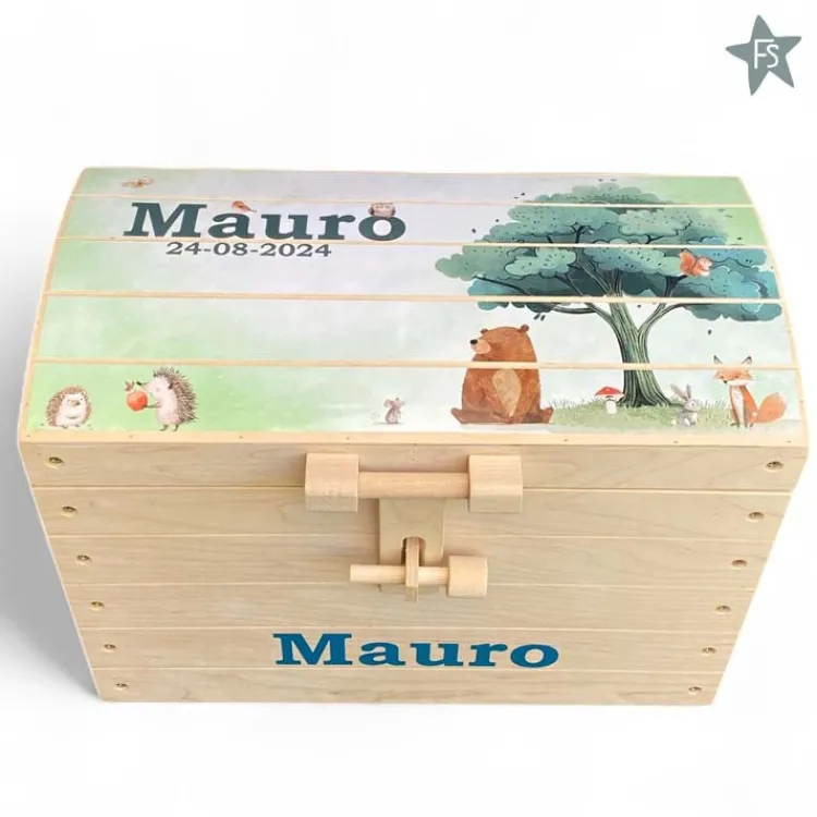 Clearance Naturel houten speelgoedkist met naam en forest friends | schatkist ( 4 maten ) Houten Speelgoed Met Naam | Speelgoedkist Met Naam