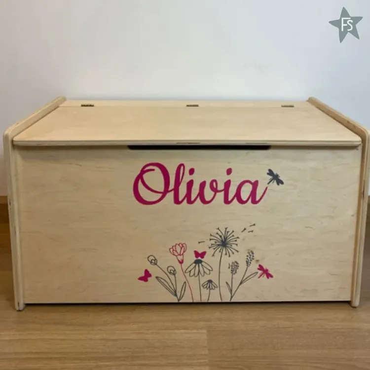 Clearance Naturel Houten speelgoedkist met naam Wildflowers Houten Speelgoed Met Naam | Speelgoedkist Met Naam