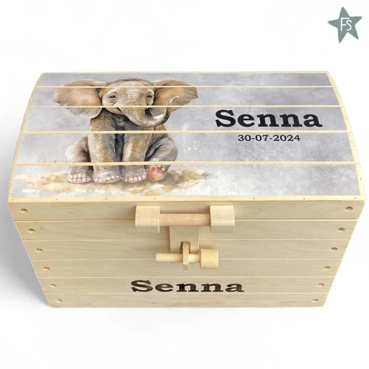 Clearance Naturel houten speelgoedkist met naam en olifantje | schatkist ( 4 maten ) Houten Speelgoed Met Naam | Speelgoedkist Met Naam