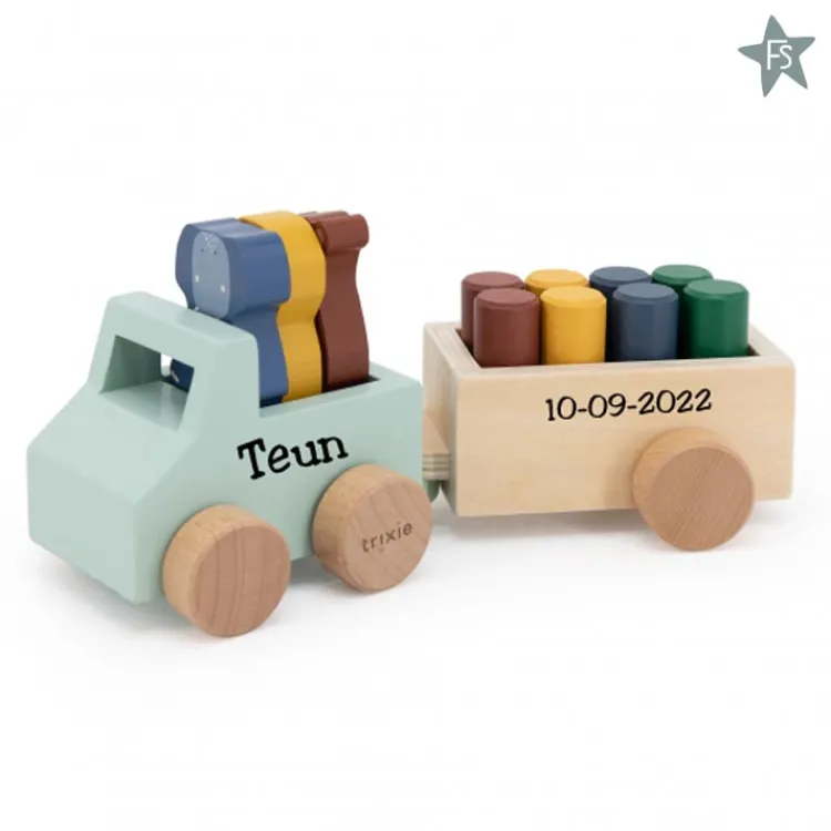 Hot Trixie houten dierenauto met aanhangwagen ( met naam / datum) Trixie Houten Speelgoed | Houten Speelgoed Met Naam