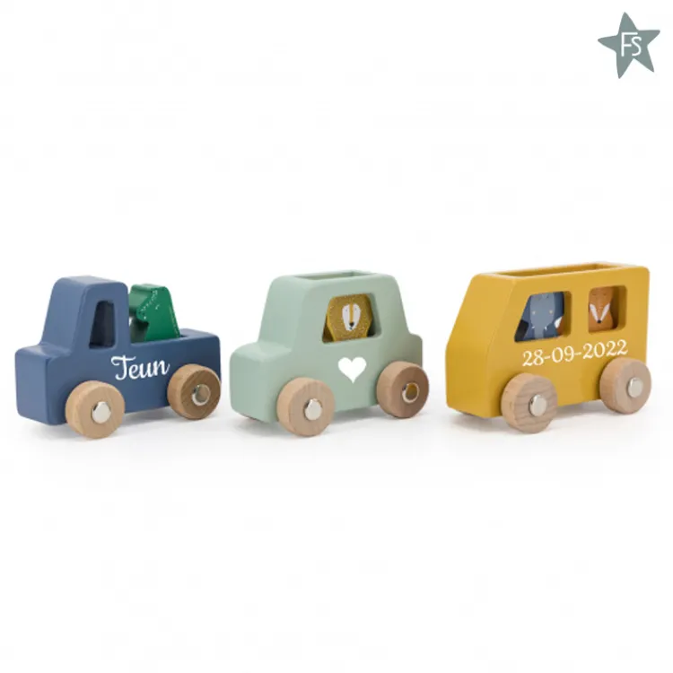 Fashion Trixie Houten dierenauto set ( met naam / datum ) Trixie Houten Speelgoed | Kraamcadeau Jongen