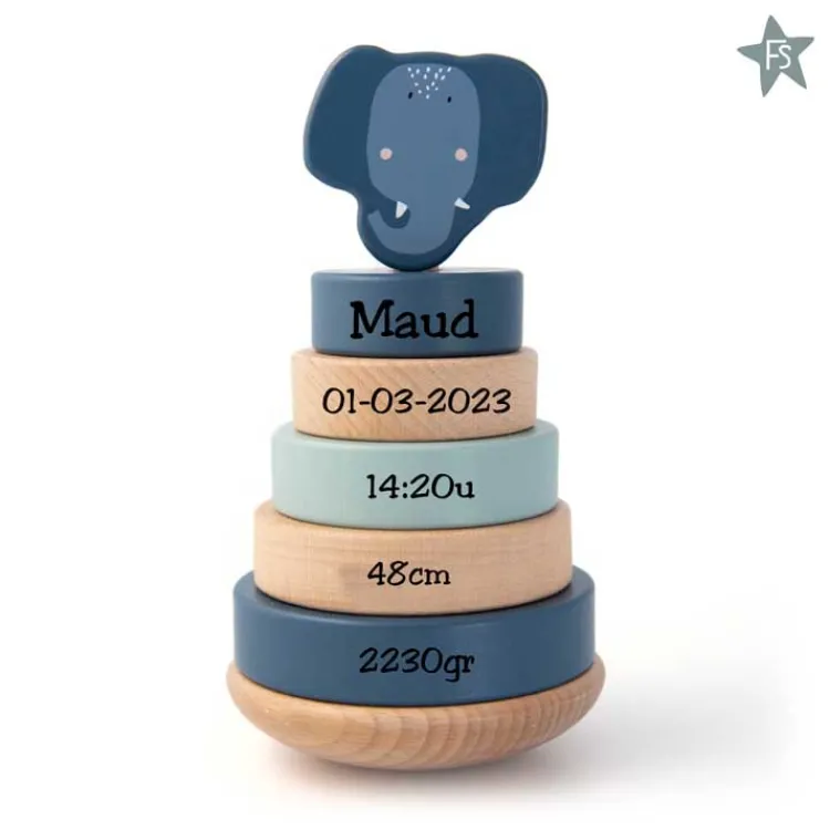 Online Trixie houten stapeltoren Mrs. Elephant ( met naam en geboortegegevens ) Trixie Houten Speelgoed | Houten Stapeltorens Met Naam