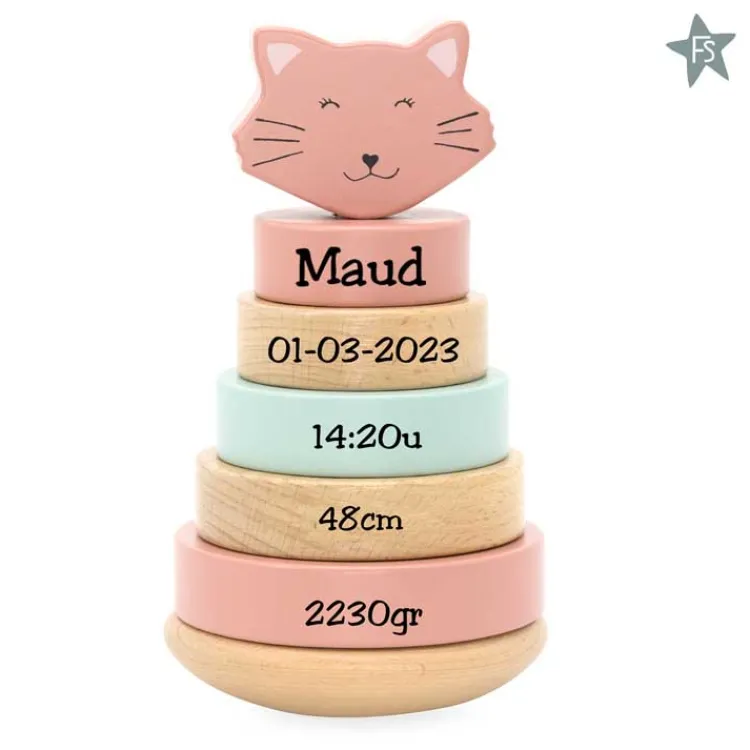 Sale Trixie Houten stapeltoren - Mrs. Cat ( met naam en geboortegegevens ) Trixie Houten Speelgoed | Houten Stapeltorens Met Naam
