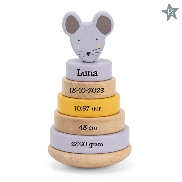 Fashion Trixie Houten stapeltoren - Mrs. Mouse ( met naam en geboortegegevens ) Trixie Houten Speelgoed | Houten Stapeltorens Met Naam