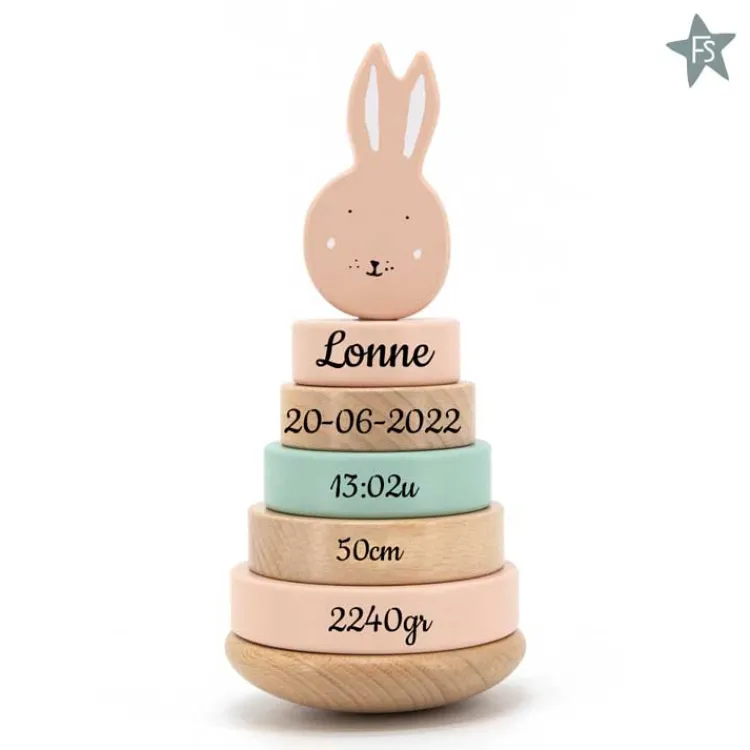 Hot Trixie houten stapeltoren Mrs. Rabbit ( met naam en geboortegegevens ) Trixie Houten Speelgoed | Houten Stapeltorens Met Naam
